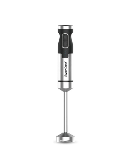 Super Crest 600W stainless steel handheld stick blender with sleek black and silver design