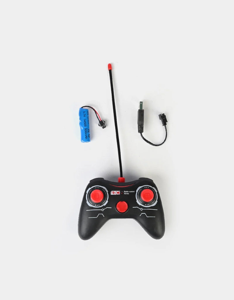 Superior Remote Control Car controller, battery pack, and USB charging cable accessory view.