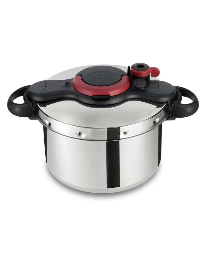 Tefal 9L stainless steel pressure cooker with red and black safety lid – durable and easy to use