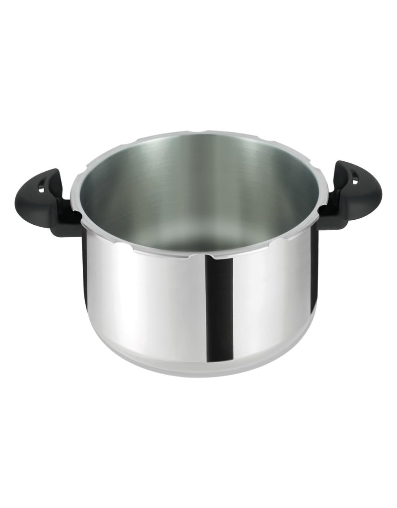 Inside view of Tefal stainless steel pressure cooker – spacious 9L pot for even heat distribution