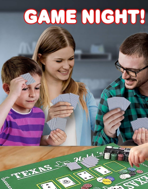 A family smiling and playing with the Texas Hold'em poker set, showing a game in progress on the included green felt mat
