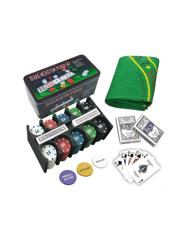 A photo of all the components of the Texas Hold'em poker game set laid out, including the tin box, folded mat, poker chips, cards, and dealer buttons
