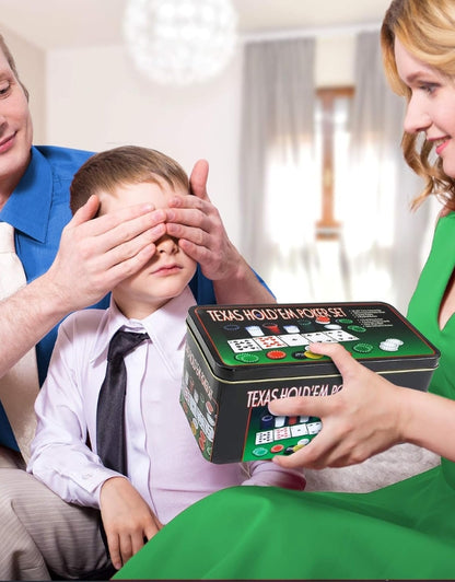 A family giving a young boy the Texas Hold'em poker game set as a gift