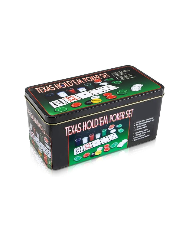 A clear product shot of the closed Texas Hold'em poker game set tin box on a white background
