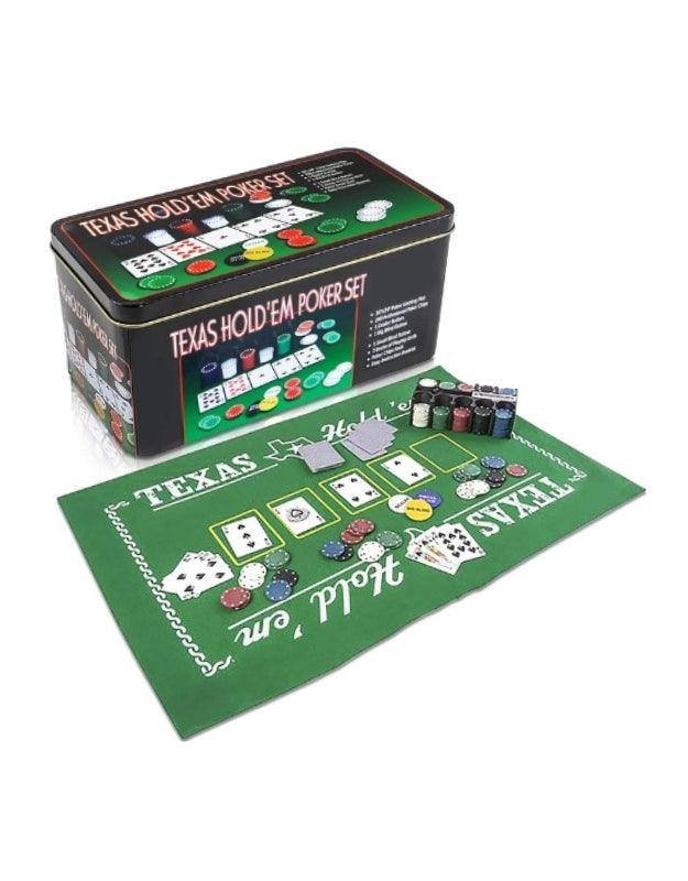A product shot of the Texas Hold'em poker set's tin box next to the unrolled green felt mat with poker chips and cards arranged on it