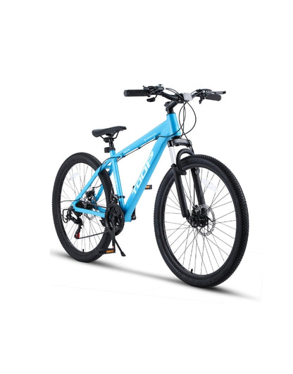 Angled front view of TOOP 26" mountain bike in blue color