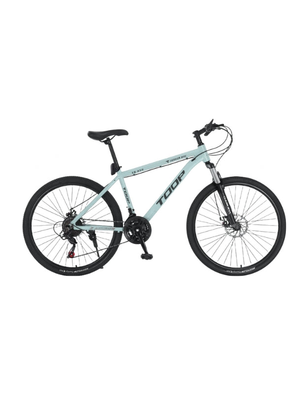 Side view of TOOP 26" mountain bike in light grey color with disc brakes
