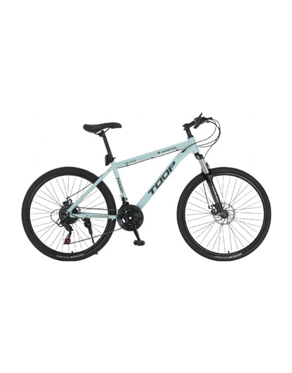 Side view of TOOP 26" mountain bike in light grey color with disc brakes