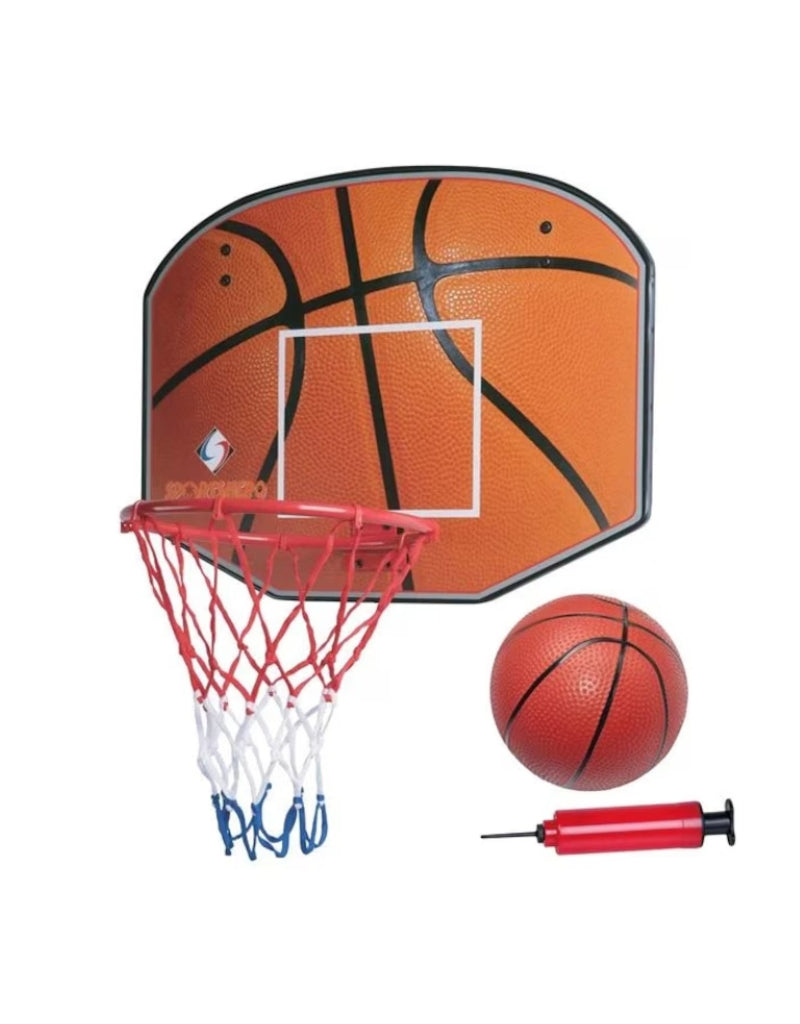 Tournament Indoor Basketball Board Hoop Set 48 CM, showing backboard, steel ring, ball, and air pump.