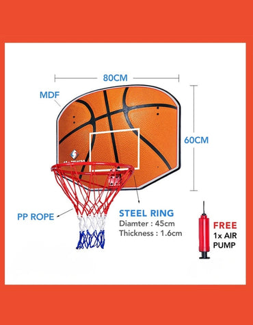 Indoor Basketball Hoop set dimensions: 80cm wide backboard, 45cm steel ring, and air pump.