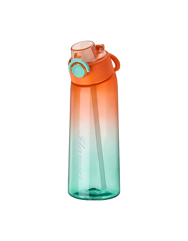 Gradient orange and green Tritan water bottle with flip-top lid and built-in straw.