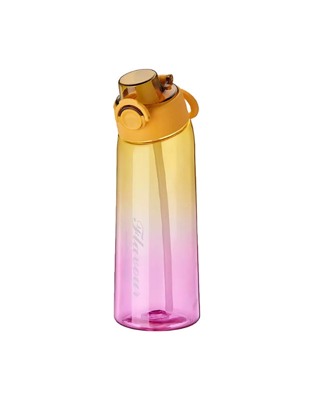 Gradient yellow and pink Tritan water bottle with flip-top lid and built-in straw.