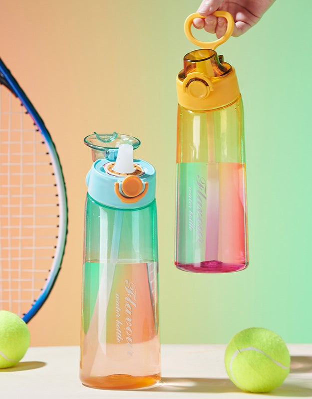Two gradient Tritan water bottles with sports background featuring tennis racket and balls.
