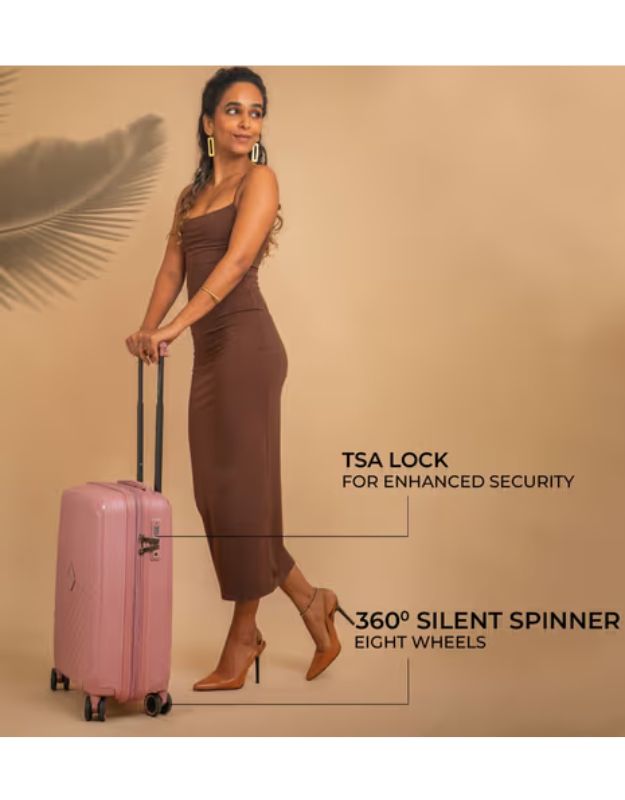 Rose pink suitcase with TSA lock and 360-degree silent spinner wheels.