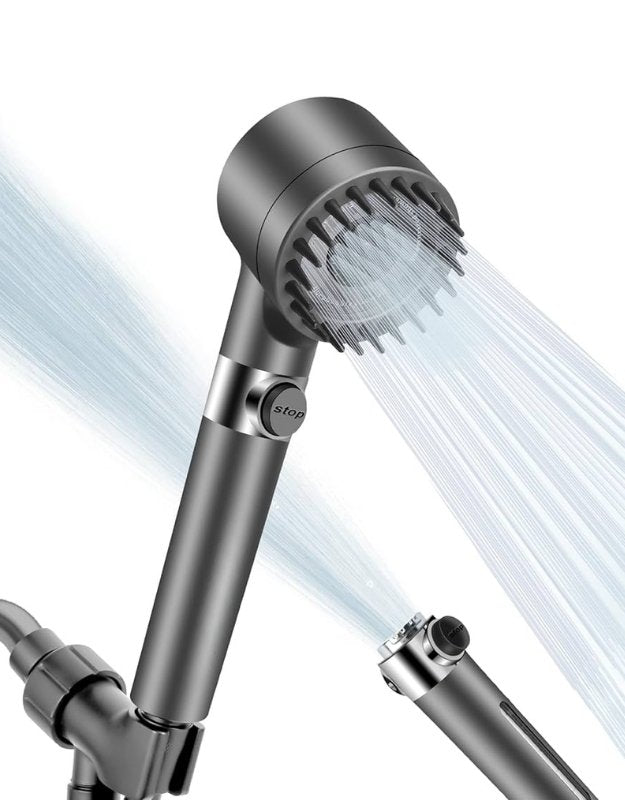 A gray shower head with water flowing through it, showing multiple spray modes.