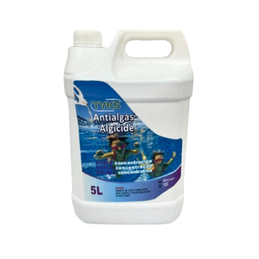 TYKS Algicide 5L front view – eliminates and prevents algae in swimming pool water, double concentration formula.