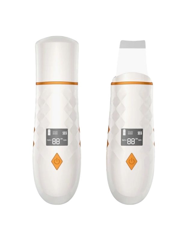 Two ultrasonic pore cleansing devices with LCD screens, one designed for facial skin cleaning and the other for body skin cleaning, both with white and orange colors.