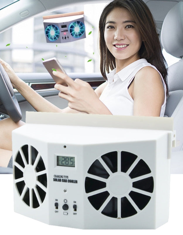 Close-up view of the solar panel and fan on the car cooler.
