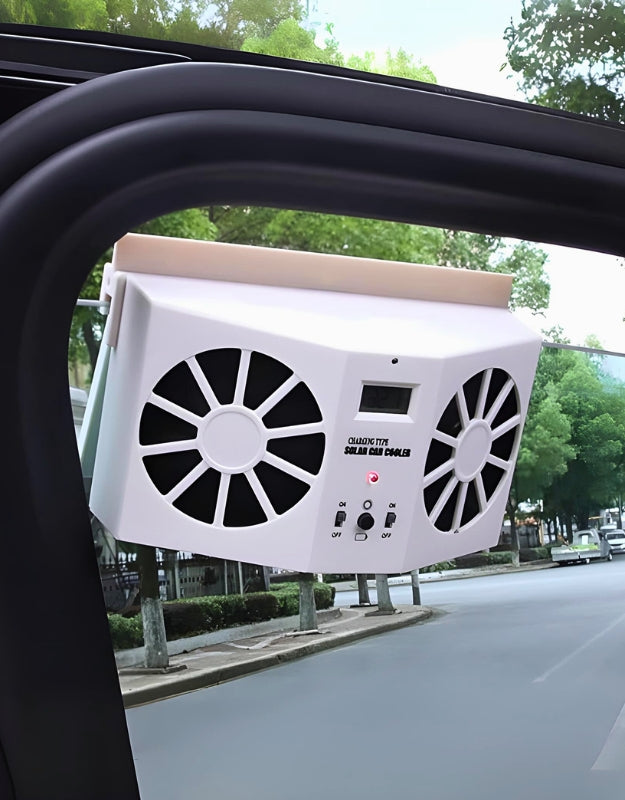A diagram illustrating how the solar-powered car fan works by pushing hot air out.