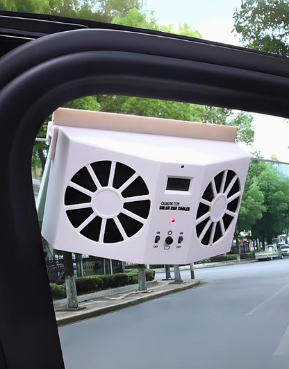 A diagram illustrating how the solar-powered car fan works by pushing hot air out.