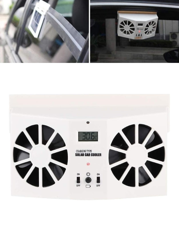 Full product shot of the Universal Solar Powered Car Cooler Fan on a white background.