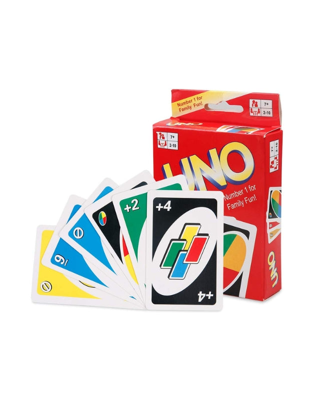 A product shot of the classic red UNO card game box next to a fan of various cards, including a yellow '9' and a black +4 wild card