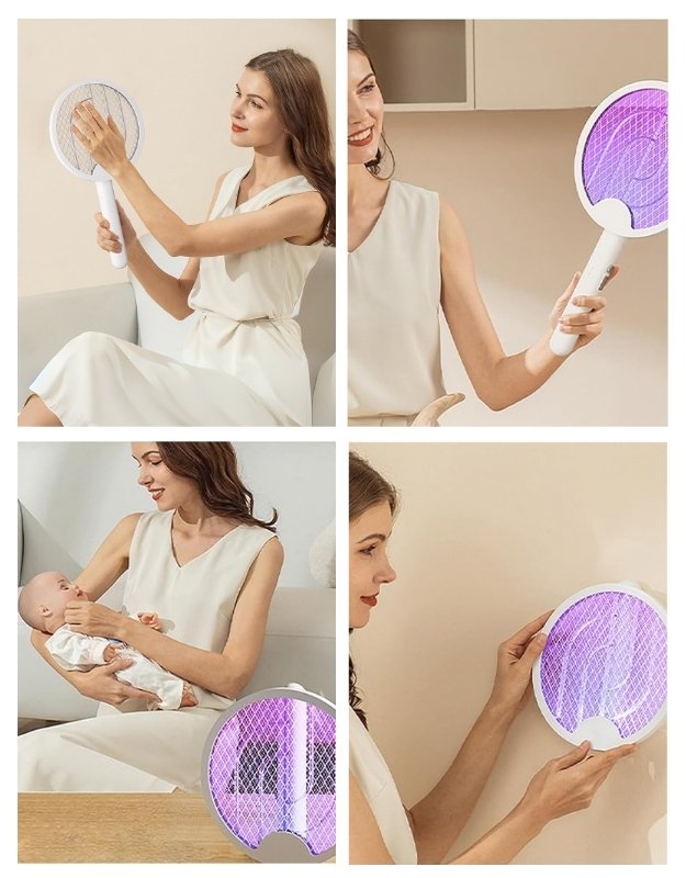 Woman using a fly swatter in different scenarios