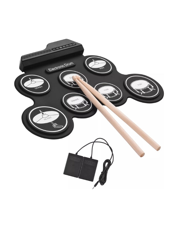 Two children wearing headphones and smiling while playing with the USB portable electronic drum kit