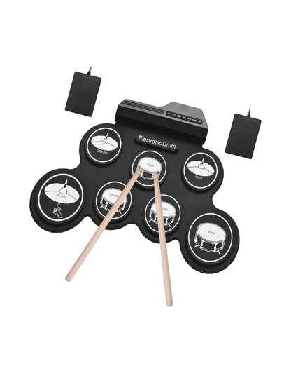 A clear, top-down product shot of the USB portable electronic drum kit with its two foot pedals and a pair of drumsticks on a clean white background