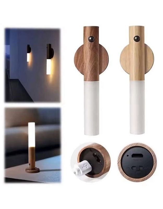 USB charging port of rechargeable LED wooden lamp.