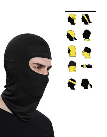 Black balaclava shown with multiple ways to wear for head, neck, and face coverage.