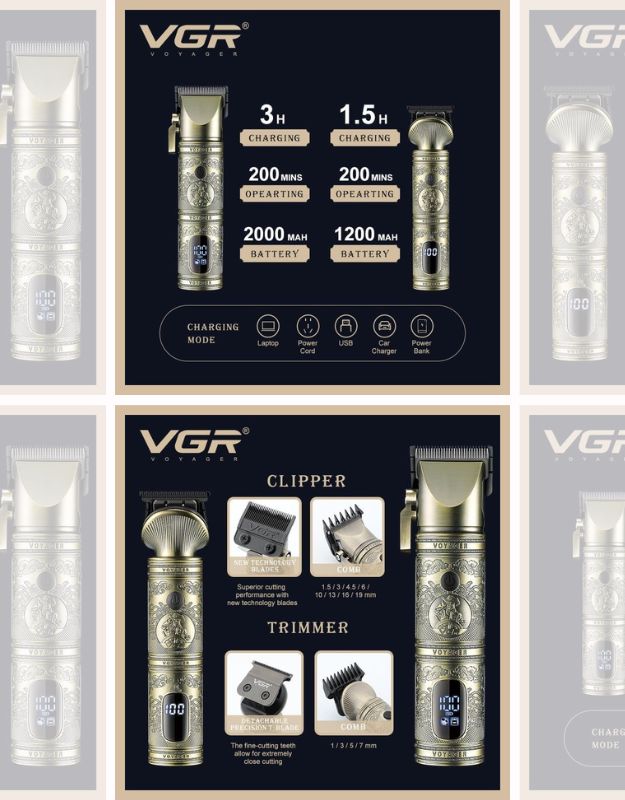 VGR hair clipper and trimmer showing charging modes, battery capacity and comb sizes.