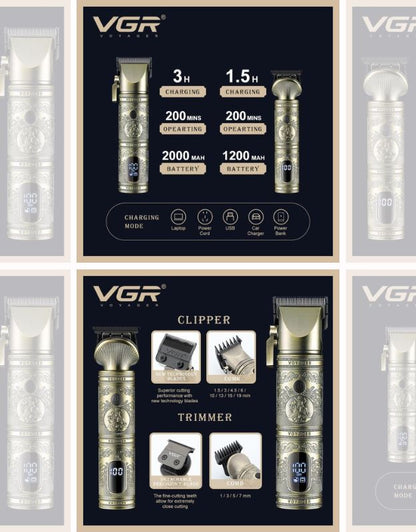 VGR hair clipper and trimmer showing charging modes, battery capacity and comb sizes.