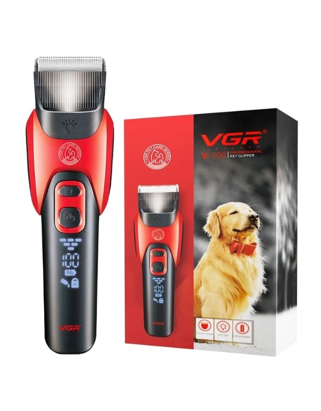 A set of professional pet clippers with a digital display, ceramic blade, and multiple guide combs, presented alongside its packaging which features an image of a dog.