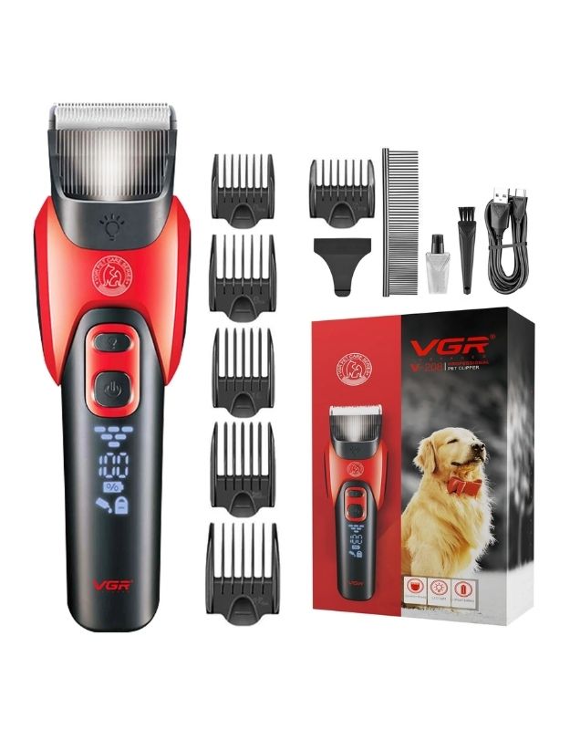 VGR pet grooming clipper set with combs, oil, brush, and charger.
