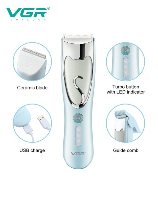 Hair trimmer with ceramic blade and USB charge features on a white background. VGR V-203 pet clipper features with ceramic blade, USB charging, turbo button and guide comb.