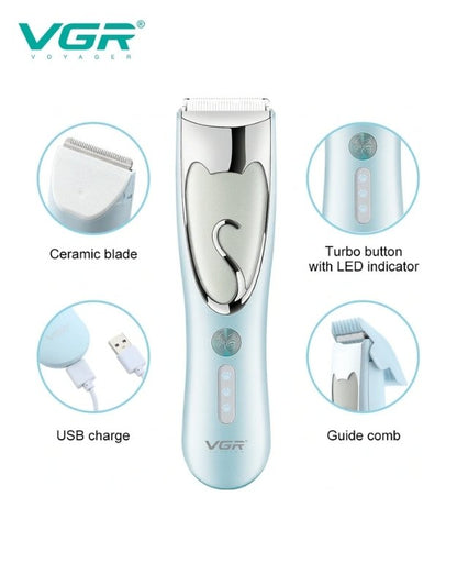 Hair trimmer with ceramic blade and USB charge features on a white background. VGR V-203 pet clipper features with ceramic blade, USB charging, turbo button and guide comb.