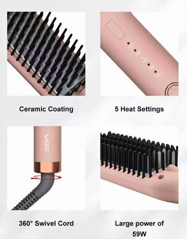 VGR V-592 hair straightening brush 59W showing ceramic coating, 5 heat settings, swivel cord, and power