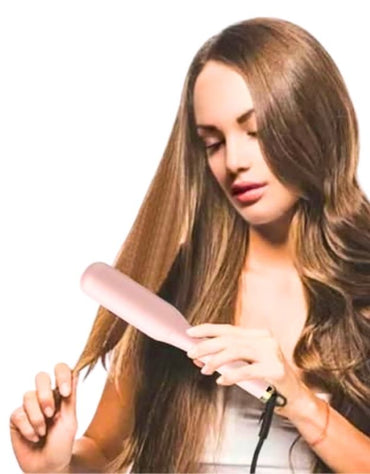 Woman using VGR V-592 hair straightening brush comb for women 59W to style long hair.