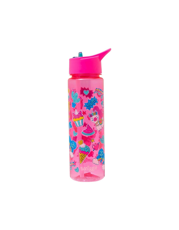 Smiggle Vibing Pink Spout Drink Bottle with hot pink lid and closed spout. Bottle features fun, colorful graphics like ice cream, cupcakes, hearts, and llamas.