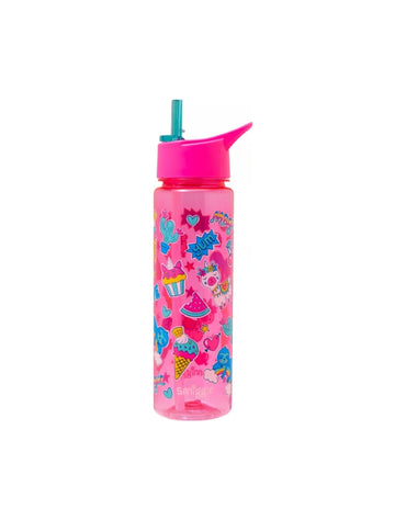 Smiggle Vibing Pink Spout Drink Bottle with green straw popped up. Bright pink bottle with playful doodles and snack-themed icons.