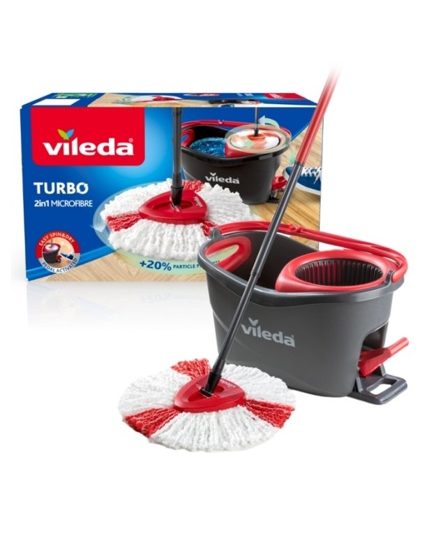 Vileda Turbo 2in1 microfiber spin mop and bucket set with a foot pedal activated spinning wringer, in colors red, white, and gray.