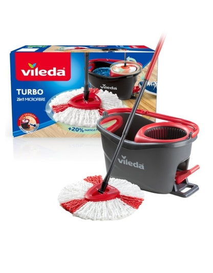 Vileda Turbo 2in1 microfiber spin mop and bucket set with a foot pedal activated spinning wringer, in colors red, white, and gray.