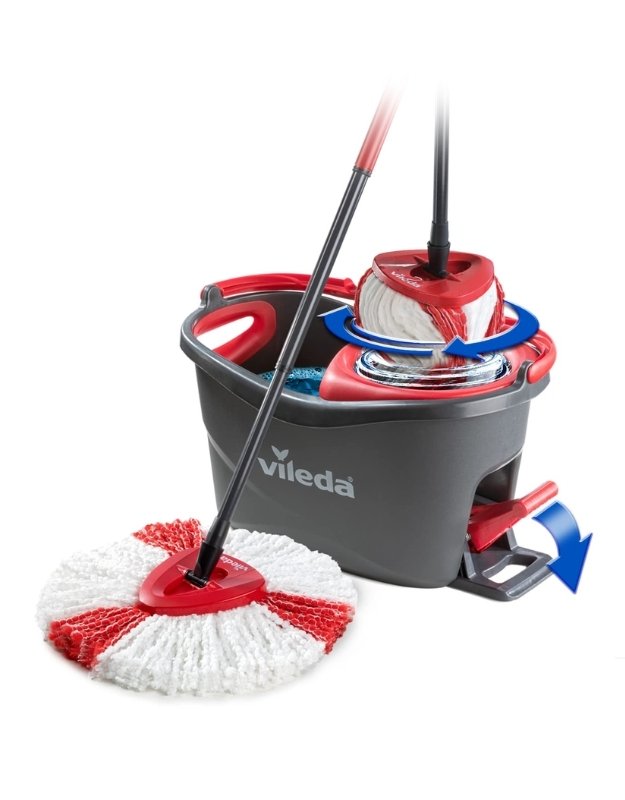 Vileda Turbo microfiber mop spinning inside red and black pedal bucket.