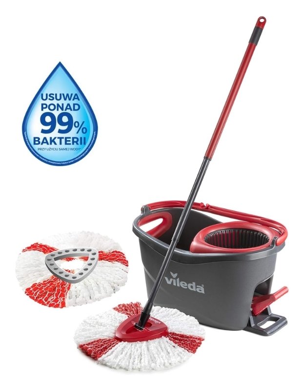 Vileda Turbo spin mop set with extra microfiber refill and 99 percent bacteria removal badge.