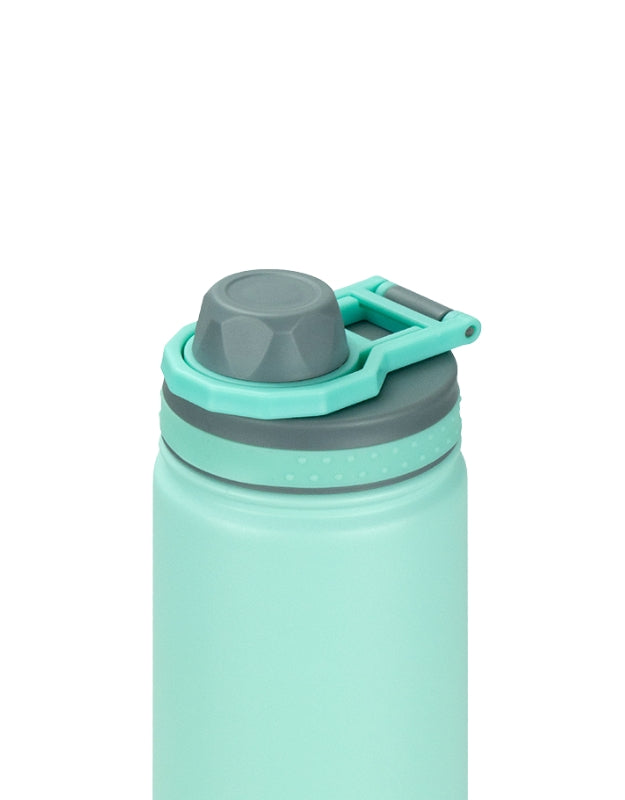 Close-up of mint stainless steel vacuum water bottle 750ml flip lid and handle