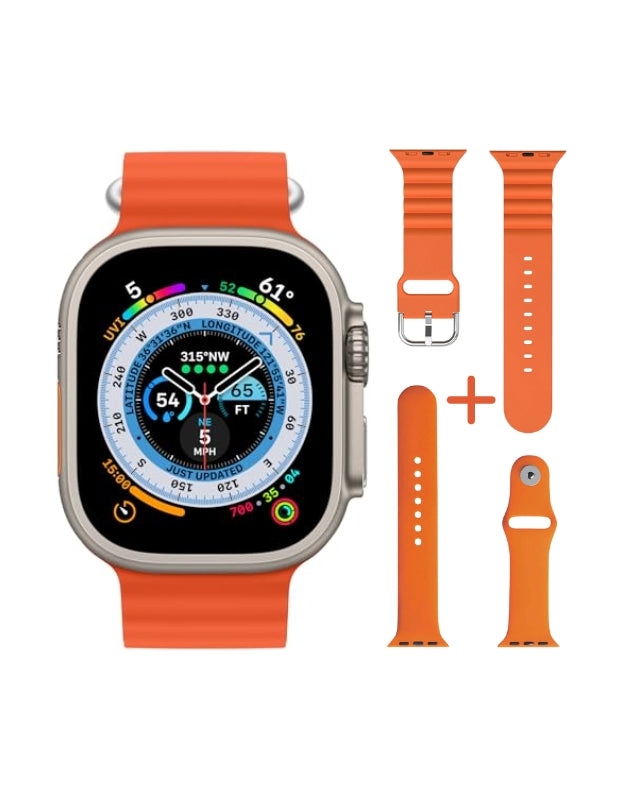 Waterless Ultra 8 Apple Smart Watch 49mm with orange silicone strap and extra bands