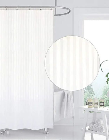 Waterproof shower curtain with subtle white stripes and fabric texture.