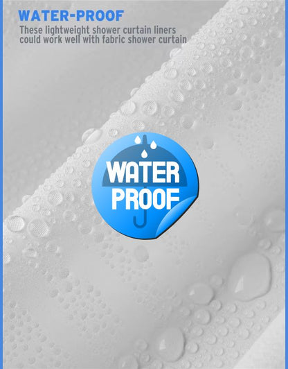 Waterproof fabric with water droplets on shower curtain surface.