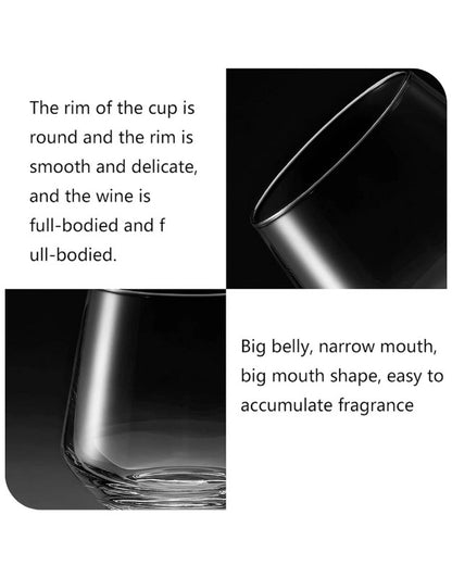 Glass cup with text describing its shape and features. Close-up of whiskey glass design showing smooth rim, big belly and narrow mouth for fragrance.